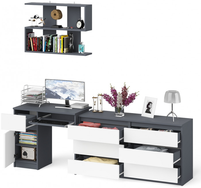 Мори Стол компьютерный МС-1 левый + Комод МК1380.6 + Полка 900, цвет графит/белый, ШхГхВ 228х50х209,6 см., НЕ универсальная сборка