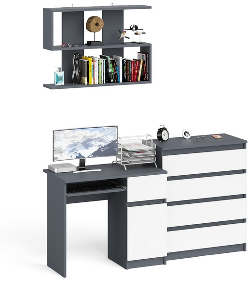 Мори Стол компьютерный МС-1 правый + Комод МК800.4 + Полка 900, цвет графит/белый, ШхГхВ 170,4х50х209,6 см., НЕ универсальная сборка