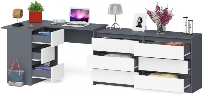 Мори Стол компьютерный МС-16 левый + Комод МК1380.6, цвет графит/белый, ШхГхВ 262,4х84,9х76,6 см., выдвижные ящики слева, НЕ универсальная сборка