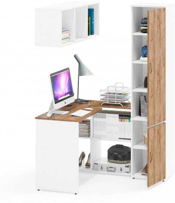 Лидер-8 Стол + Полка + Пенал МД 22Б, белый шагрень/крафт золото