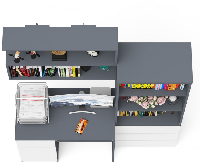 Мори компьютерный стол МС-1 левый + Стеллаж МСТ600.3 + Полка 900, графит/белый