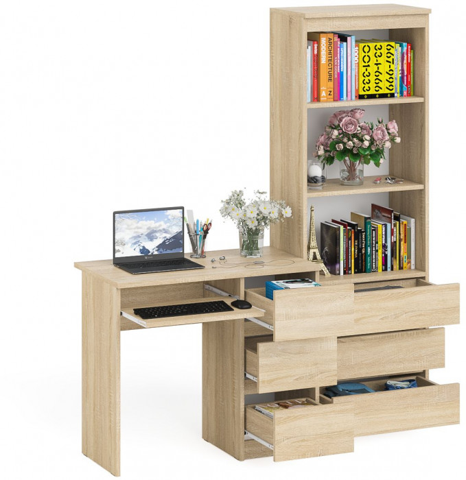 Мори Стол компьютерный МС-6 правый + Стеллаж МСТ600.3, цвет дуб сонома, ШхГхВ 150,4х50х179,6 см., выдвижные ящики справа, НЕ универсальная сборка