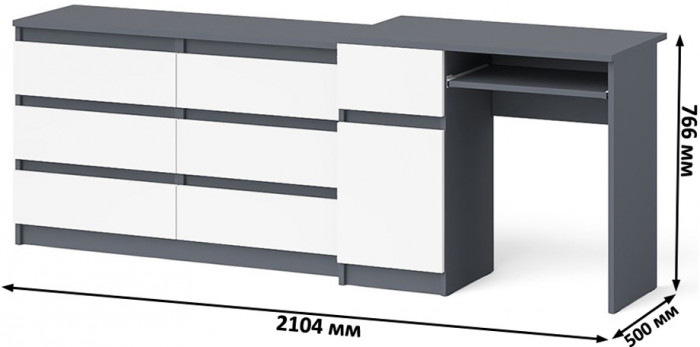 Мори компьютерный стол МС-1 левый + Комод МК1200.6, графит/белый