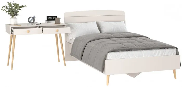 Афина Спальня Кровать 1200 + Стол, цвет кашемир серый, ШхГхВ 123,6х210,2х95,7 + 100х45х76 см., сп.м. 1200х2000 мм., б/м, основание есть