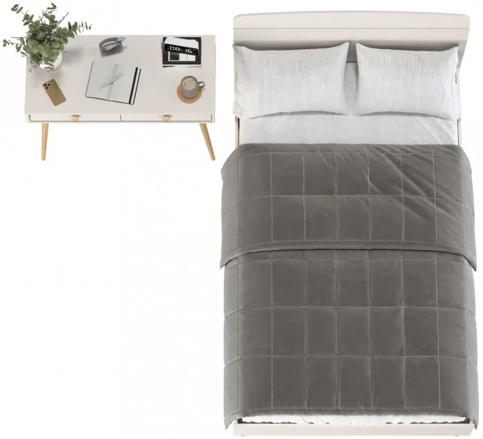 Афина Спальня Кровать 1200 + Стол, цвет кашемир серый, ШхГхВ 123,6х210,2х95,7 + 100х45х76 см., сп.м. 1200х2000 мм., б/м, основание есть