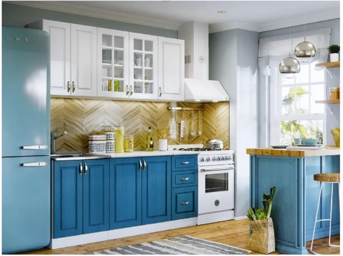 Кухня МДФ Констанция 1800 компоновка №3 (Белый матовый / Джинс, Белый)