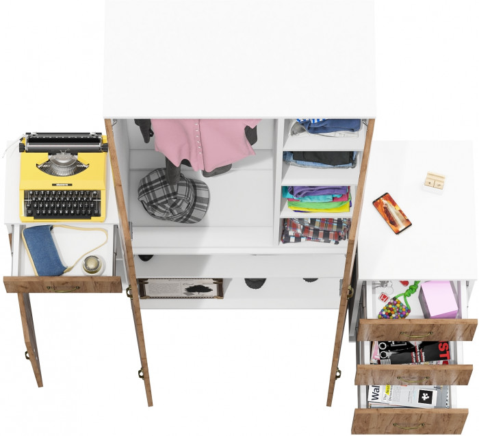 Лидер-8 Шкаф МД 20Б + Тумба МД 3.15 + Тумба МД 3.16, цвет белый шагрень/крафт золото, ШхГхВ 160х50х190 см., НЕ универсальная сборка