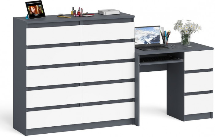 Мори Стол компьютерный МС-6 правый + Комод МК1200.10, цвет графит/белый, ШхГхВ 210,4х50х115 см., выдвижные ящики справа, НЕ универсальная сборка