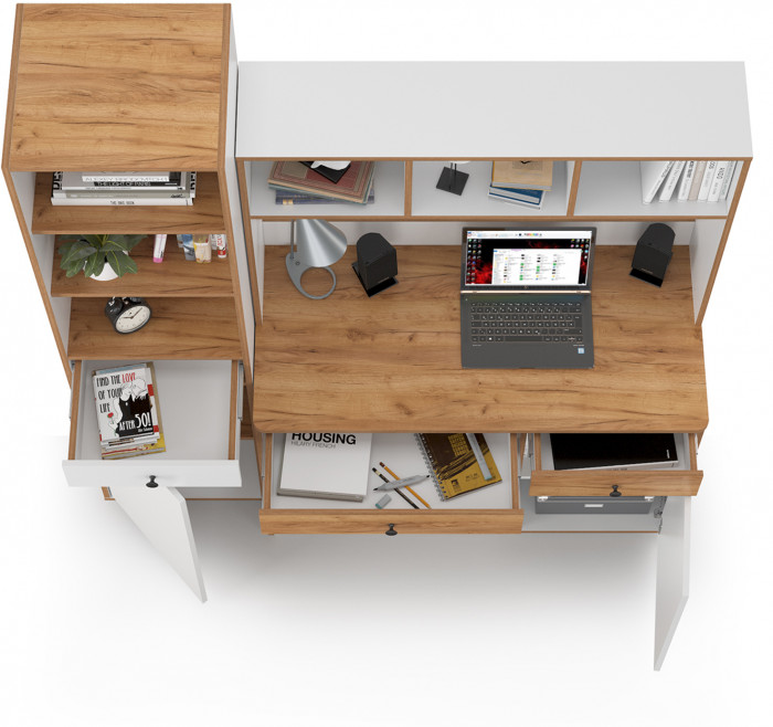 Вуди Компоновка № 05, цвет белый премиум/дуб крафт золотой, ШхГхВ 155х52,7х180,3 см., универсальная сборка