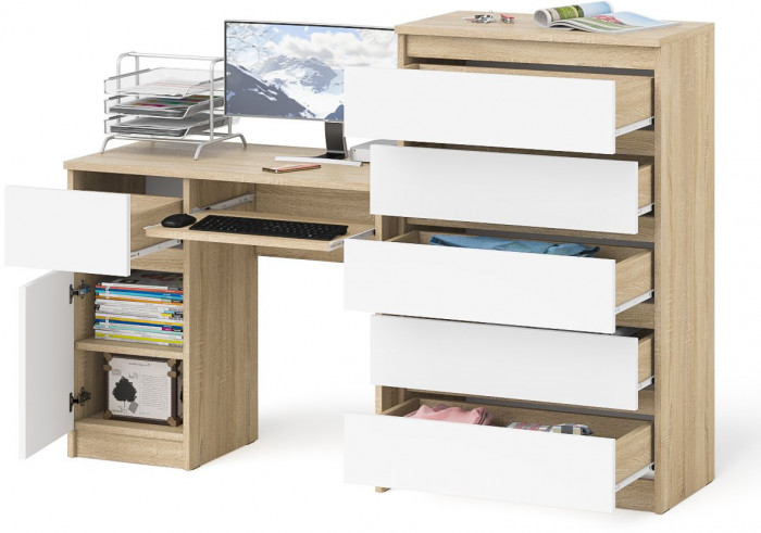 Мори Стол компьютерный МС-1 левый + Комод МК700.5, цвет дуб сонома/белый, ШхГхВ 160,4х50х114 см., выдвижной ящик слева, НЕ универсальная сборка