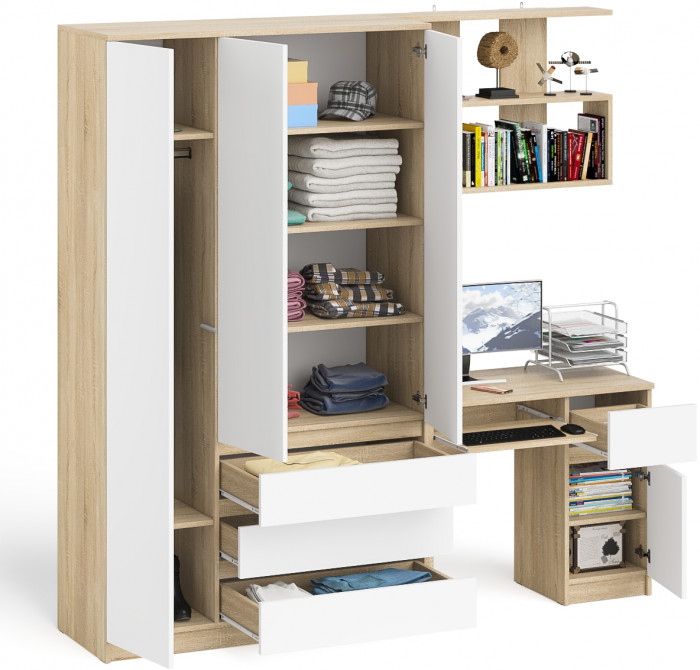 Мори Стол компьютерный МС-1 правый + Шкаф МШ1200.1 + Полка 900, цвет дуб сонома/белый, ШхГхВ 210,4х50,4х209,6 см., НЕ универсальная сборка