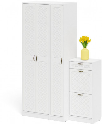 Прихожая П-6 Компоновка № 48, цвет белая шагрень/фасады МДФ белое дерево фрезеровка ромб, ШхГхВ 140х50х210 см., универсальная сборка