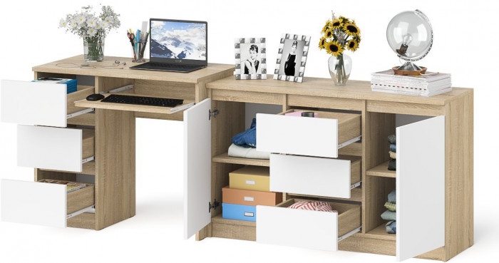 Мори Стол компьютерный МС-6 левый + Комод МК1200.3, цвет дуб сонома/белый, ШхГхВ 210,4х50х76,6 см., выдвижные ящики слева, НЕ универсальная сборка