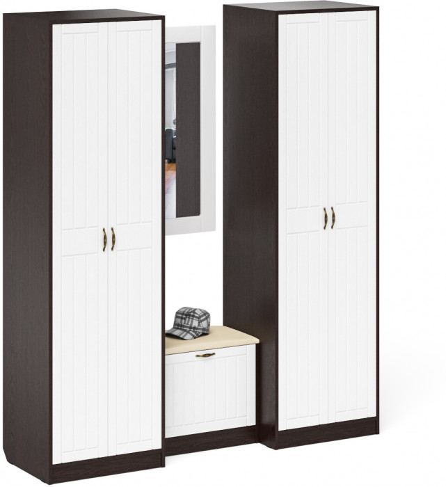 Прихожая П-6 Компоновка № 08, цвет венге/фасады МДФ белое дерево фрезеровка прованс, ШхГхВ 180х50х210 см., универсальная сборка