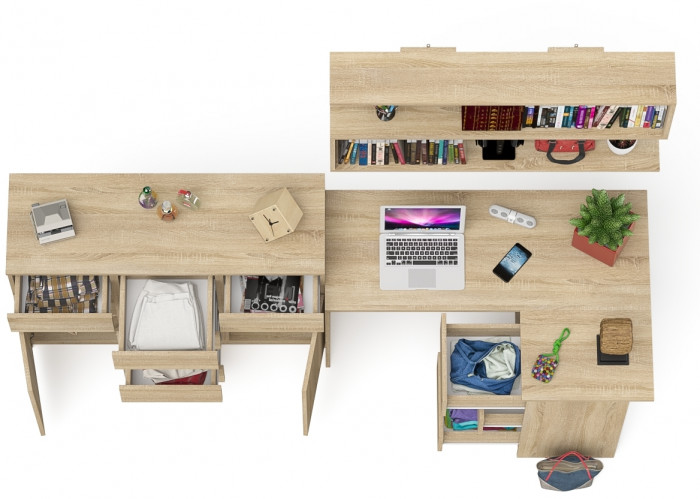 Мори компьютерный стол МС-16 правый + Комод МК1200.4 + Полка 1200, дуб сонома