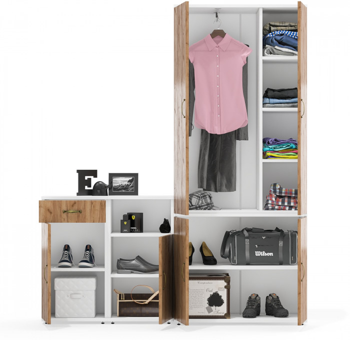 Лидер-8 Шкаф МД 20Б + Тумба МД 3.15 + Тумба МД 3.19, цвет белый шагрень/крафт золото, ШхГхВ 160х37,5х190 см., НЕ универсальная сборка