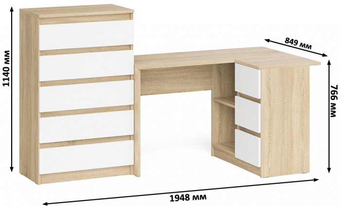 Мори Стол компьютерный МС-16 правый + Комод МК700.5, цвет дуб сонома/белый, ШхГхВ 194,8х84,9х114 см., выдвижные ящики справа, НЕ универс. сборка
