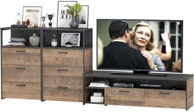 Трувор 13.70 Тумба под ТВ + 13.307.02 Комод + 13.307.02 Комод, цвет дуб гранж песочный/интра, ШхГхВ 281,8х45,4х106,9 см., универсальная сборка