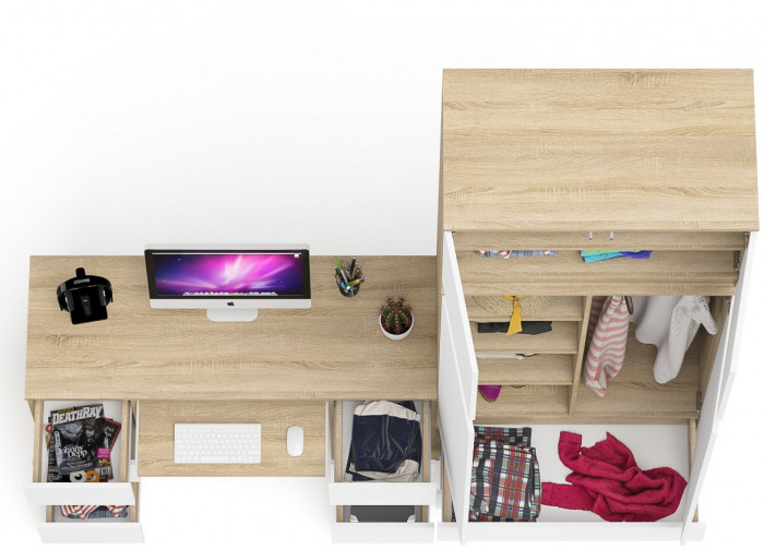 Мори компьютерный стол МС-2 + Шкаф МШ900.1 + Антресоль МА900.1, дуб сонома/белый