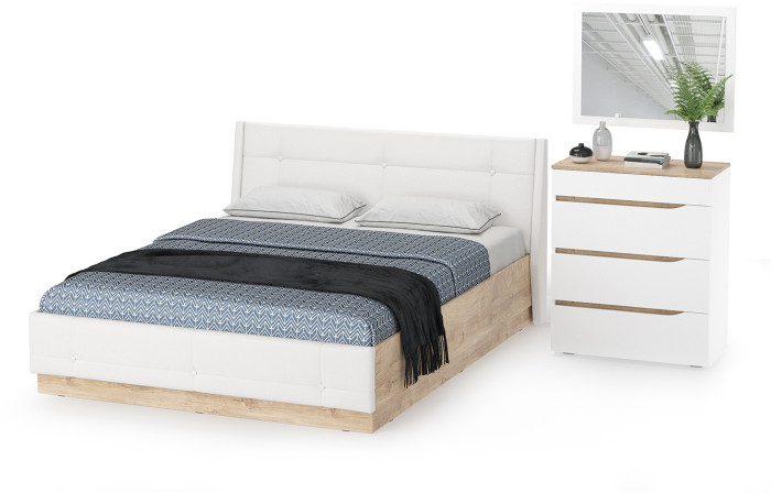 Муссон Кровать 11.28 + подъёмный ортопед + Комод 13.97 + Зеркало СВК, цвет белый/дуб эндгрейн элегантный/кожзам белый, сп. м. 1600х2000 мм., б/м