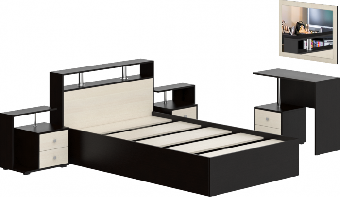 Камелия спальня № 6 Кровать 1200 + Две тумбы + Стол косметический + Зеркало, венге/дуб лоредо