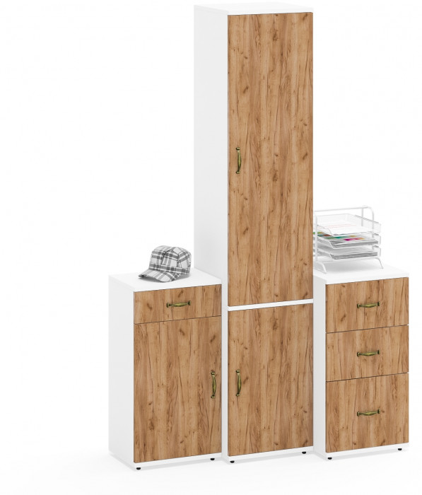 Лидер-8 Пенал МД 21Б + Тумба МД 3.15 + Тумба МД 3.16, белый шагрень/крафт золото