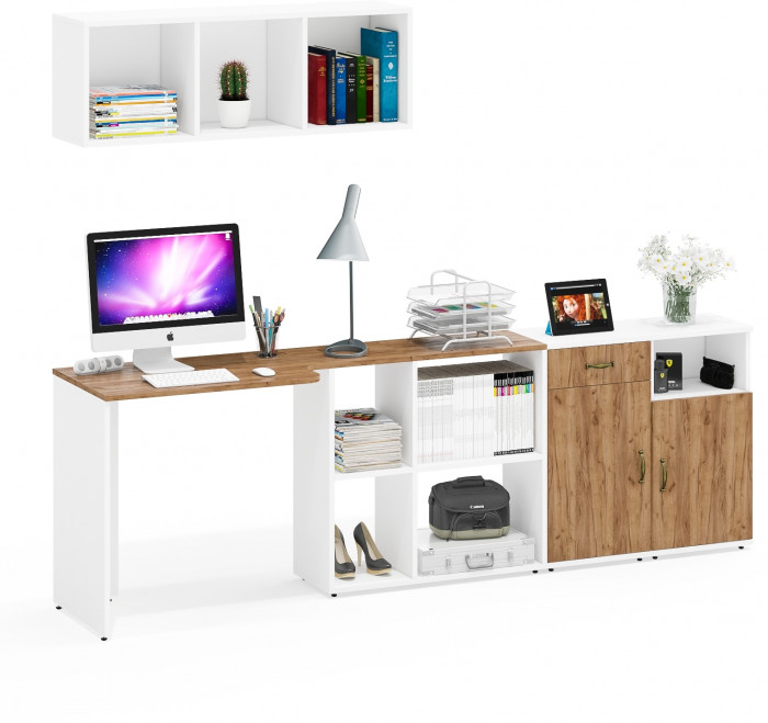 Лидер-8 Стол + Полка + Тумба МД 3.15 + Тумба МД 3.19, белый шагрень/крафт золото