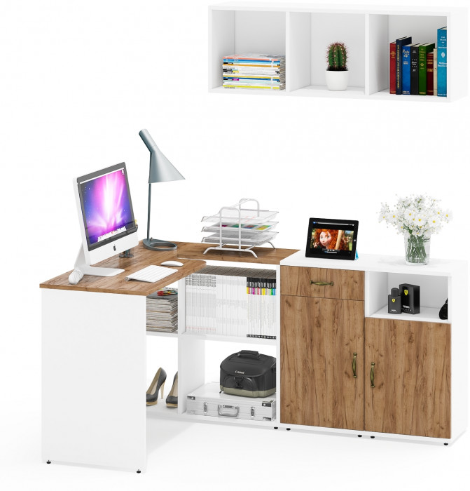 Лидер-8 Стол + Полка + Тумба МД 3.15 + Тумба МД 3.19, белый шагрень/крафт золото