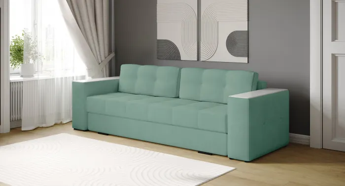 Диван раскладной Виконт, мятный/мдф холст белый