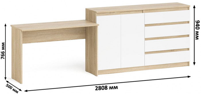 Мори Стол письменный МСП1200.1 + Комод МК1600.1, цвет дуб сонома/белый, ШхГхВ 280,8х50х94 см., универсальная сборка