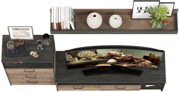 Трувор 13.70 Тумба под ТВ + 13.307.02 Комод с ящиками + 15.60 Полка, цвет дуб гранж песочный/интра, ШхГхВ 215,8х45,4х195 см., универсальная сборка