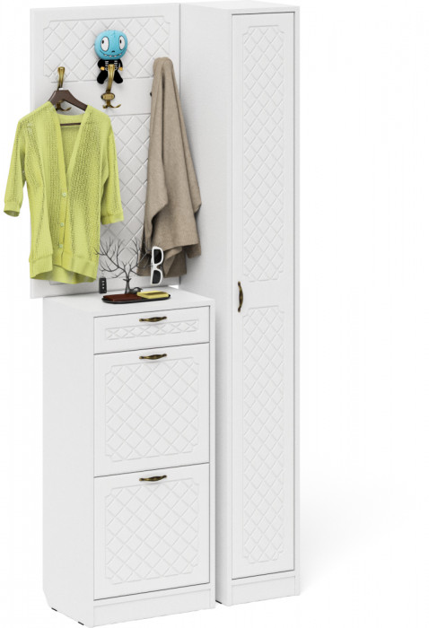 Прихожая П-6 Компоновка № 24, белая шагрень/фасады МДФ белое дерево фрезеровка ромб