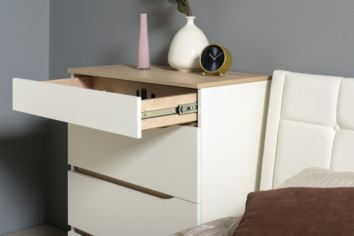 Муссон Кровать 11.28 + подъёмный ортопед + Комод 13.97 + Тумба ТВ 13.276, цвет белый/чёрный/дуб эндгрейн элегантный/кожзам белый, 1600х2000 мм., б/м