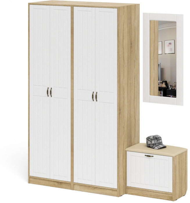 Прихожая П-6 Компоновка № 08, цвет дуб сонома/фасады МДФ белое дерево фрезеровка прованс, ШхГхВ 180х50х210 см., универсальная сборка