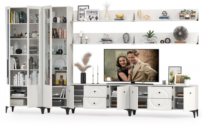 Валенсия Гостиная № 087, цвет ЛДСП белый шагрень/МДФ белый шагрень, ШхГхВ 405,3х38,3х225,2 см., универсальная сборка