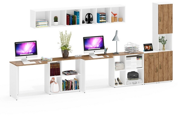 Лидер-8 Стол + Полка + Стол + Полка + Пенал + Тумба МД 3.15, белый шагрень/крафт золото