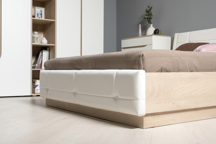 Муссон Кровать 11.28 + подъёмный ортопед + Комод 13.97, цвет белый/дуб эндгрейн элегантный/кожзам белый, сп. м. 1600х2000 мм., б/м