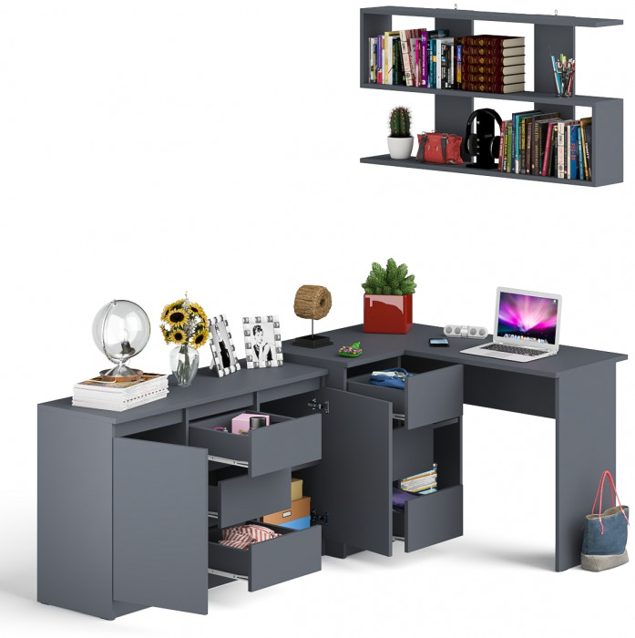Мори компьютерный стол МС-16 левый + Комод МК1200.3 + Полка 1200, графит