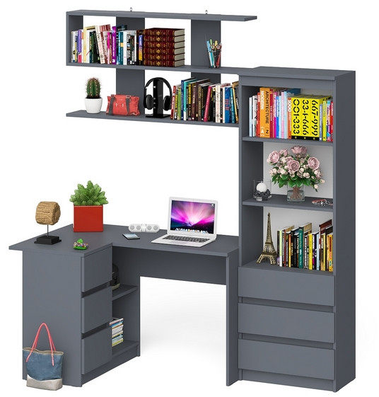 Мори компьютерный стол МС-16 левый + Стеллаж МСТ600.3 + Полка 1200, графит