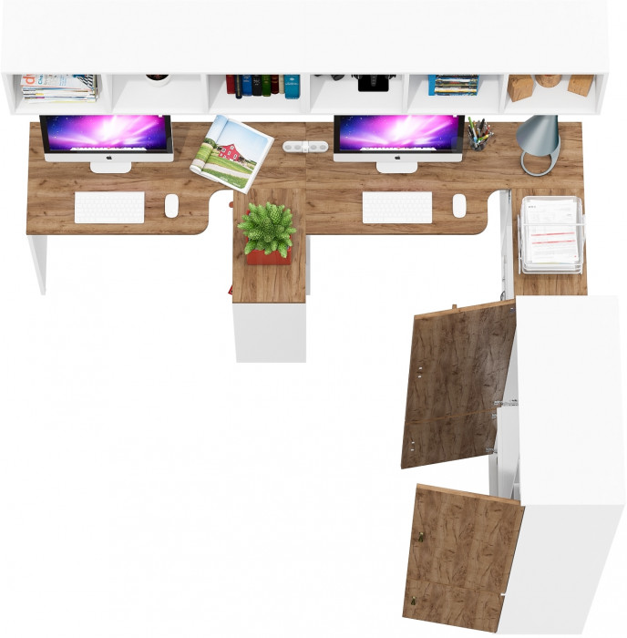 Лидер-8 Стол + Полка + Стол + Полка + Шкаф МД 20Б + Тумба МД 3.15, цвет белый шагрень/крафт золото, 450х50х75/190 или 230х200/50х75/190, НЕ ун. сб.