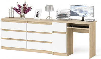Мори Стол компьютерный МС-1 левый + Комод МК1380.6, цвет дуб сонома/белый, ШхГхВ 228х50х76,6 см., выдвижной ящик слева, НЕ универсальная сборка