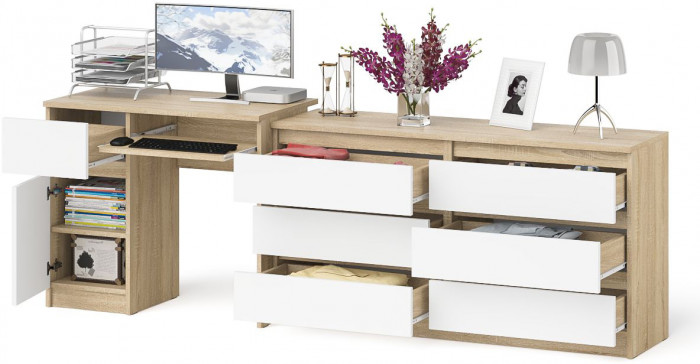 Мори Стол компьютерный МС-1 левый + Комод МК1380.6, цвет дуб сонома/белый, ШхГхВ 228х50х76,6 см., выдвижной ящик слева, НЕ универсальная сборка