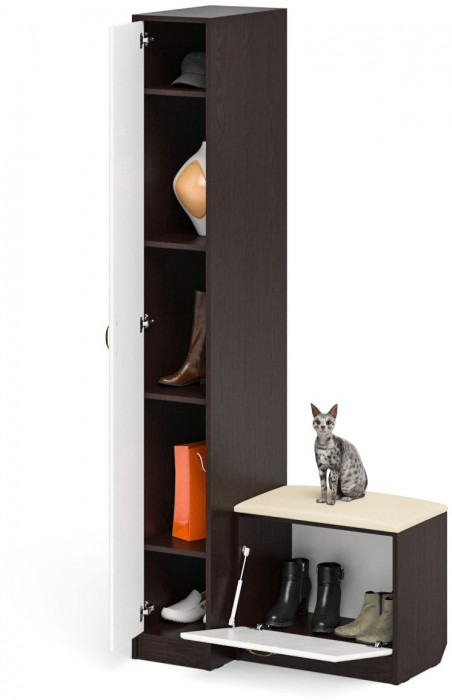 Прихожая П-6 Компоновка № 39, цвет венге/фасады МДФ белое дерево фрезеровка ромб, ШхГхВ 90х50х210 см., универсальная сборка