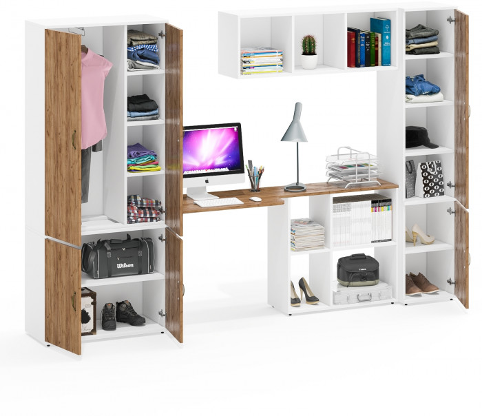 Лидер-8 Шкаф МД 20Б + Стол + Полка + Пенал 22Б, белый шагрень/крафт золото