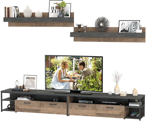Трувор 13.70 Тумба под ТВ + 13.70 Тумба под ТВ + 15.60 Полка + 15.60 Полка, цвет дуб гранж песочный/интра, ШхГхВ 299,6х45,4х195 см., универс. сборка