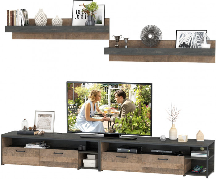 Трувор 13.70 Тумба под ТВ + 13.70 Тумба под ТВ + 15.60 Полка + 15.60 Полка, цвет дуб гранж песочный/интра, ШхГхВ 299,6х45,4х195 см., универс. сборка