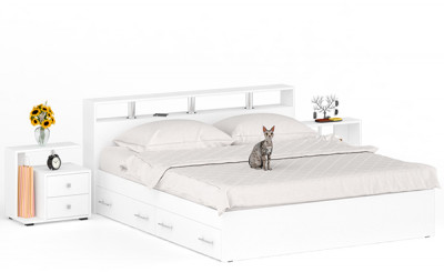 Камелия Кровать с ящиками 1800 + две тумбы, цвет белый, ШхГхВ 296х217х78,2 см., сп.м. 1800х2000 мм., без матраса, основание есть
