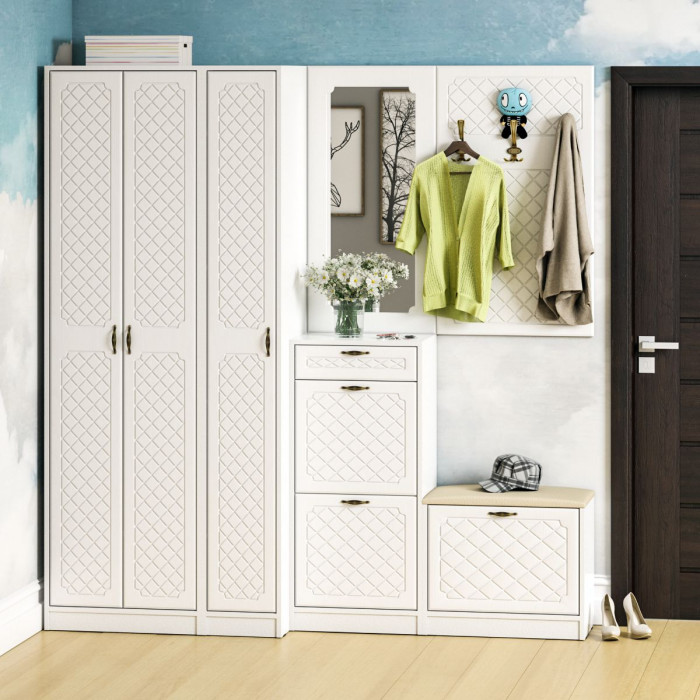 Прихожая П-6 Компоновка № 51, цвет белая шагрень/фасады МДФ белое дерево фрезеровка ромб, ШхГхВ 200х50х210 см., универсальная сборка