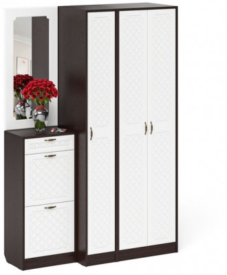 Прихожая П-6 Компоновка № 49, венге/фасады МДФ белое дерево фрезеровка ромб