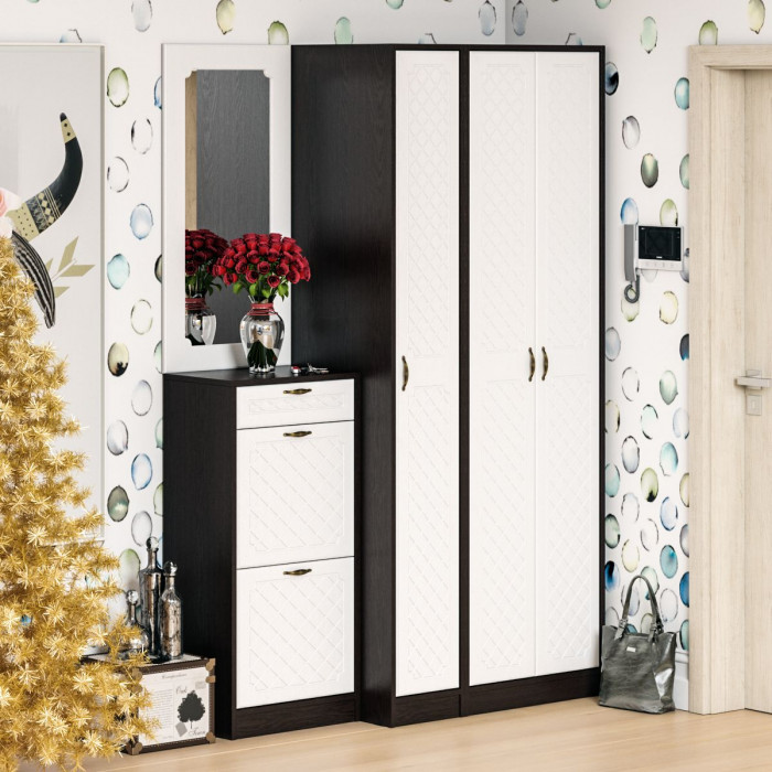 Прихожая П-6 Компоновка № 49, венге/фасады МДФ белое дерево фрезеровка ромб